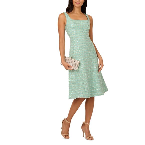 Adrianna Papell Sequined Boucle Fit and Flare Cocktail Dress Green Size 6 Midi - Picture 11 of 14